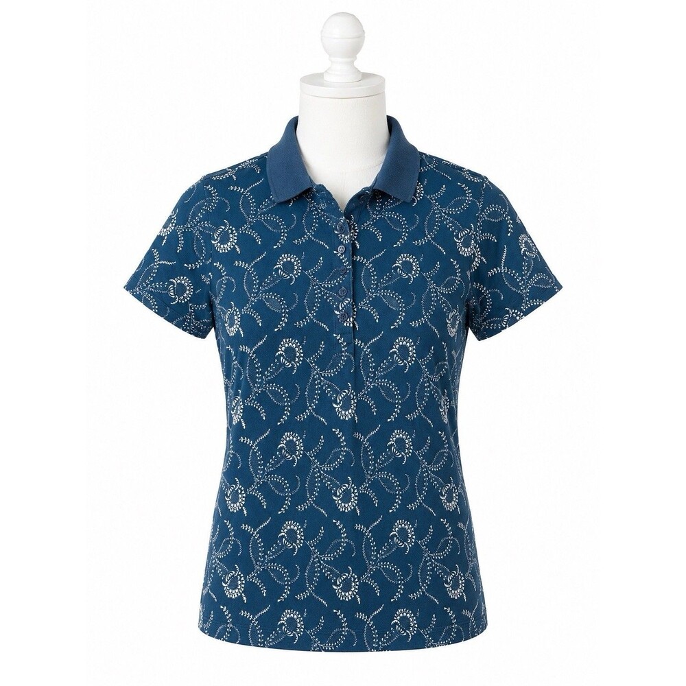 Lands End Womens Blue Floral Polo Shirt Navy XS 2-4 Collared Academia